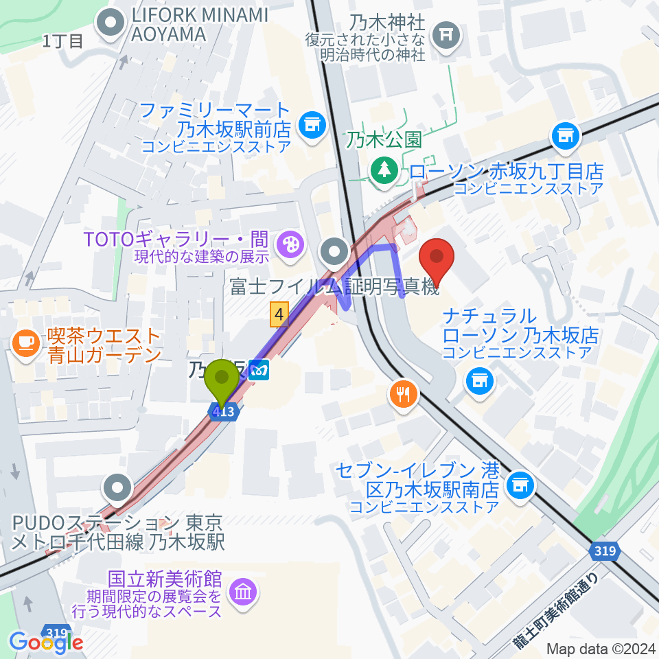 ソニー・ミュージックスタジオの最寄駅乃木坂駅からの徒歩ルート（約3分）地図