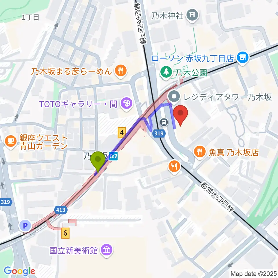 ソニー・ミュージックスタジオの最寄駅乃木坂駅からの徒歩ルート（約3分）地図