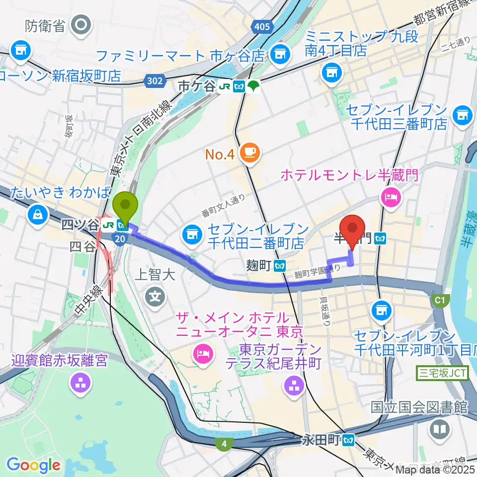 四ツ谷駅からビークルースタジオへのルートマップ地図