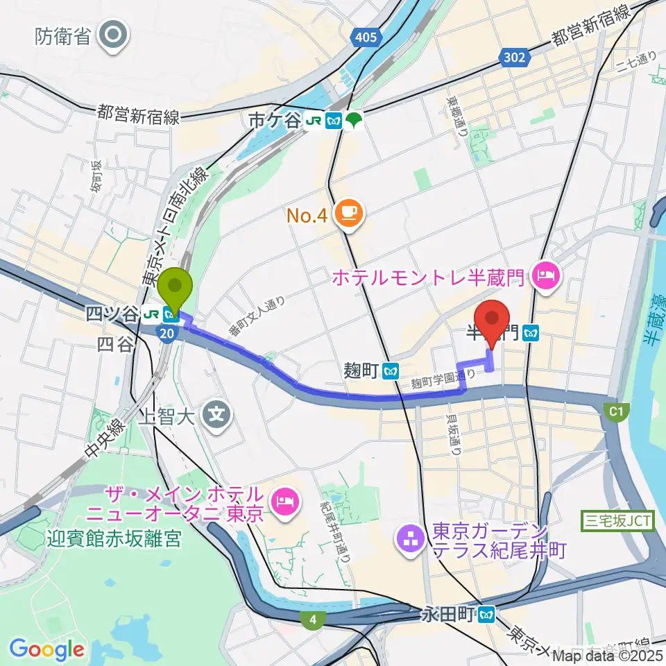 四ツ谷駅からビークルースタジオへのルートマップ地図