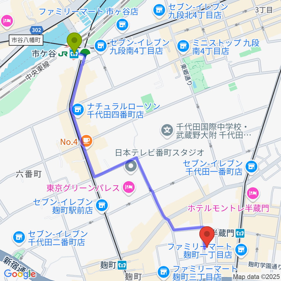 市ケ谷駅からビークルースタジオへのルートマップ地図