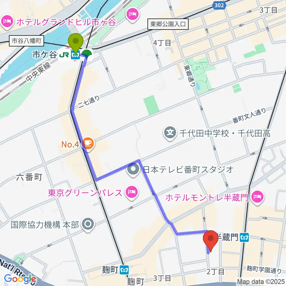 市ケ谷駅からビークルースタジオへのルートマップ地図