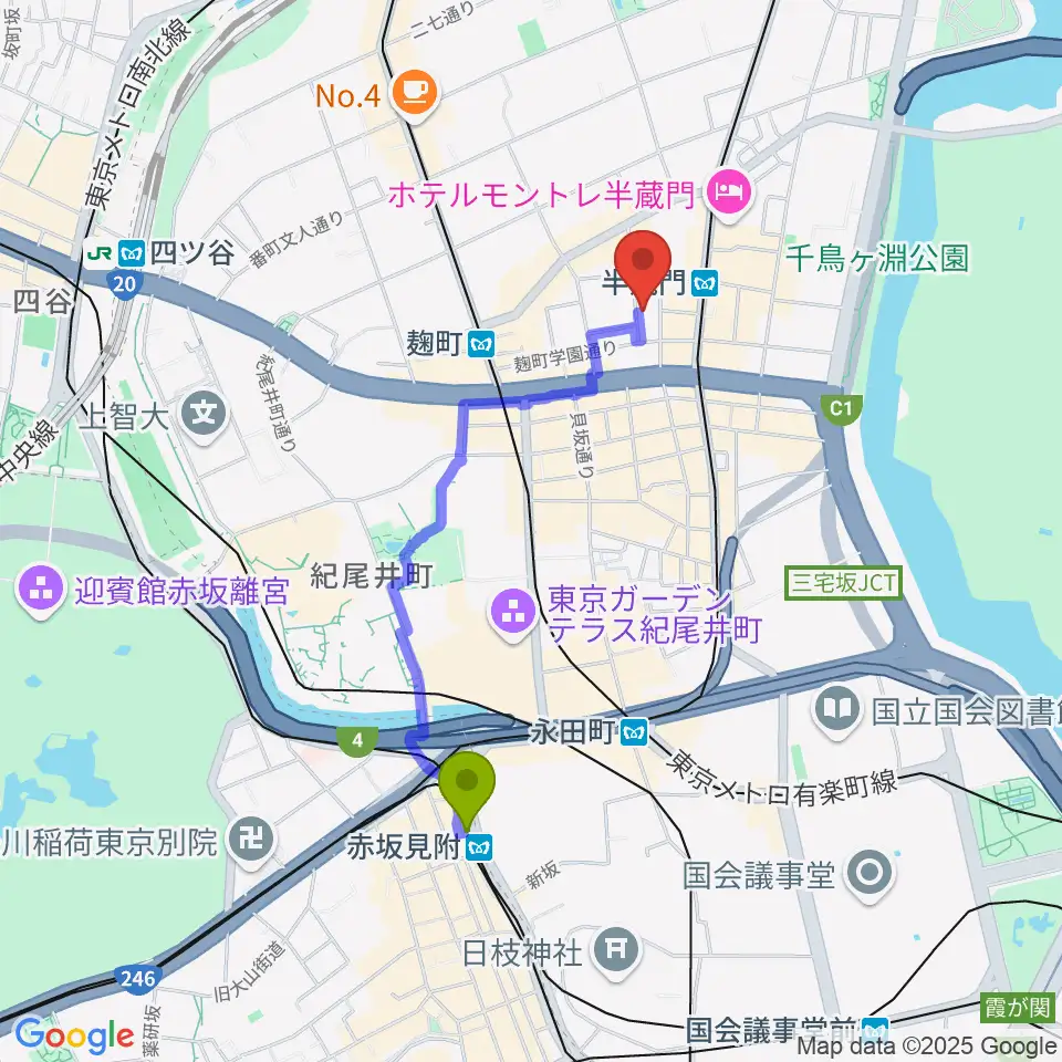 赤坂見附駅からビークルースタジオへのルートマップ地図