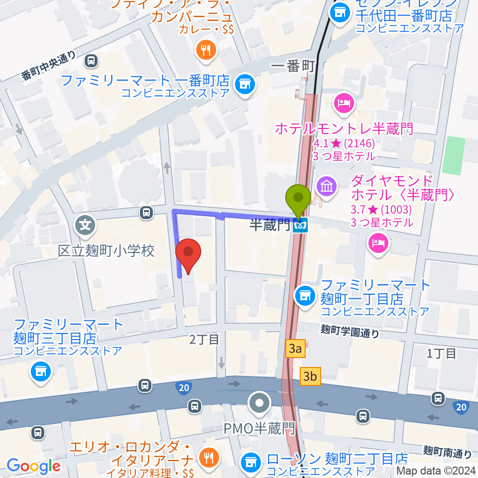 ビークルースタジオの最寄駅半蔵門駅からの徒歩ルート（約2分）地図