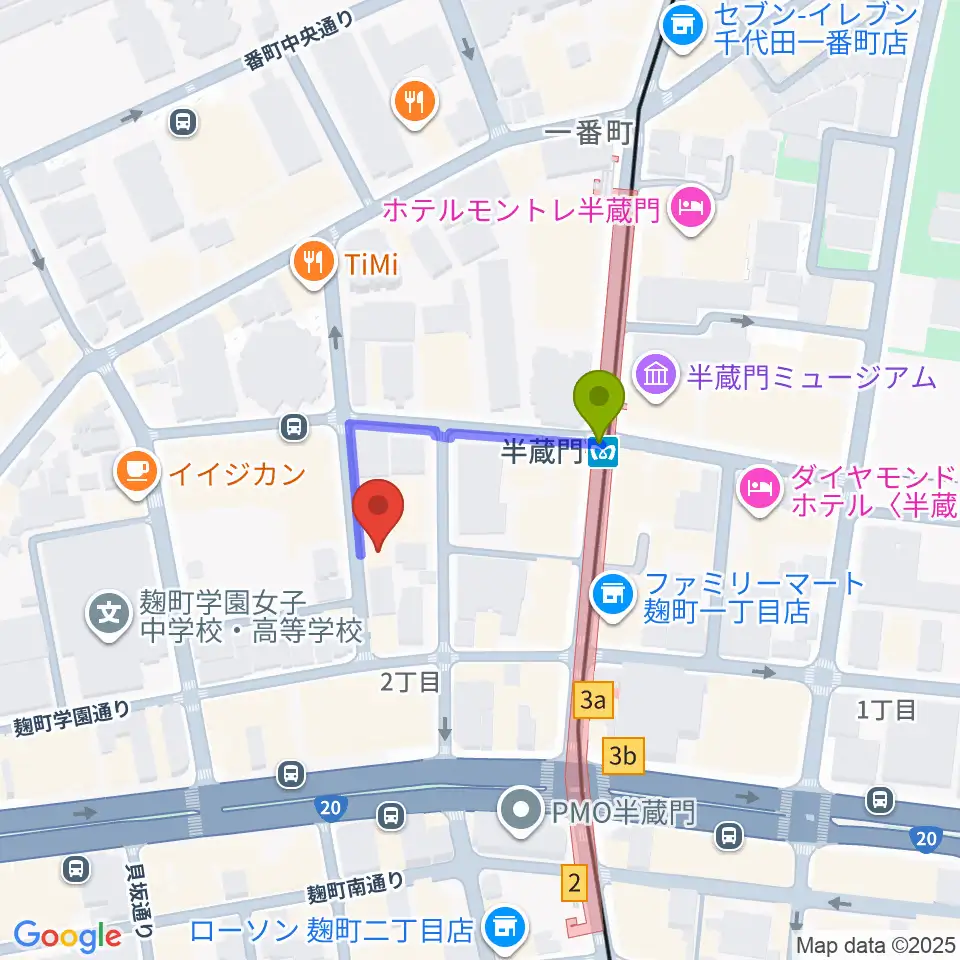 ビークルースタジオの最寄駅半蔵門駅からの徒歩ルート（約2分）地図