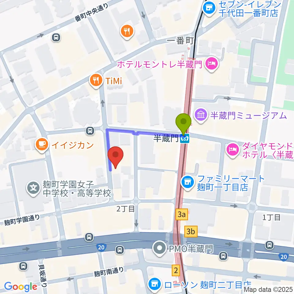 ビークルースタジオの最寄駅半蔵門駅からの徒歩ルート（約2分）地図