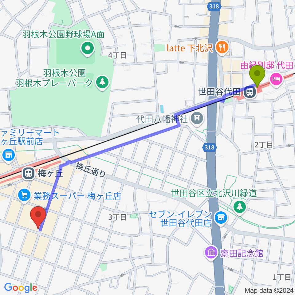 世田谷代田駅からhmc studioへのルートマップ地図