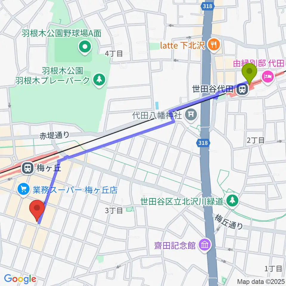 世田谷代田駅からhmc studioへのルートマップ地図