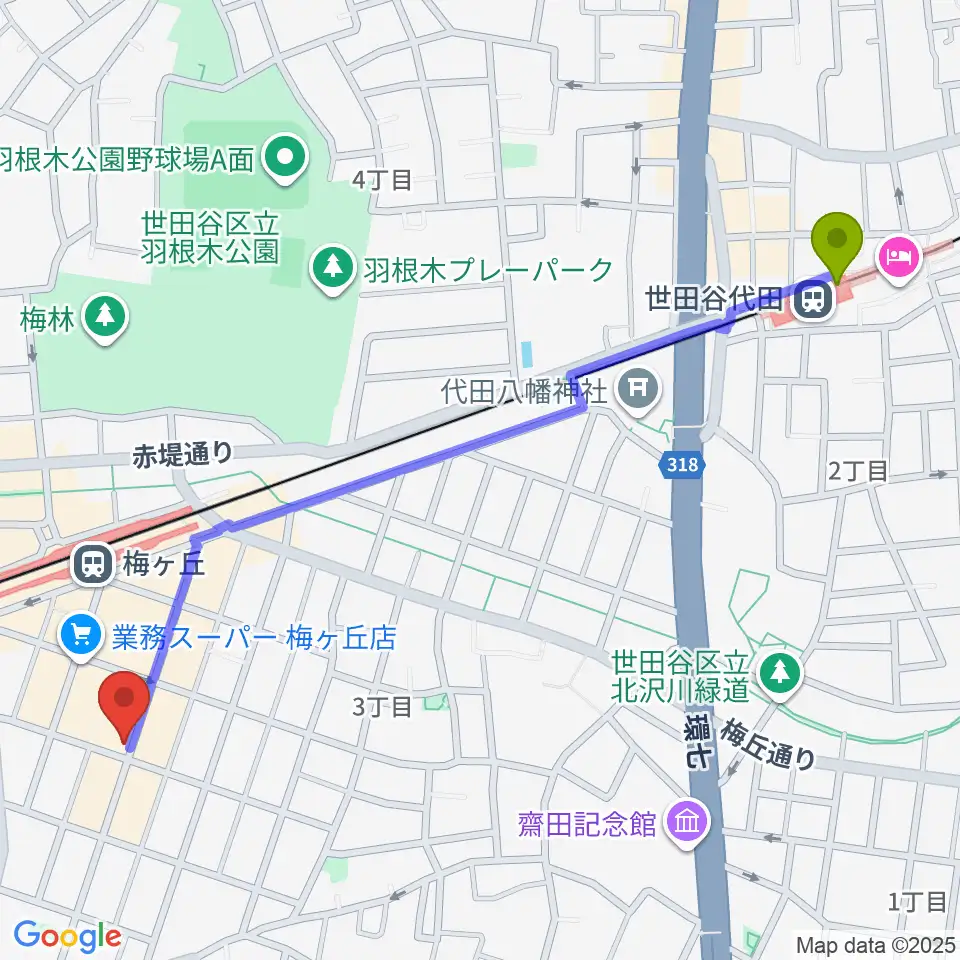 世田谷代田駅からhmc studioへのルートマップ地図