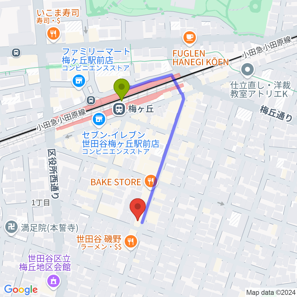 hmc studioの最寄駅梅ヶ丘駅からの徒歩ルート（約3分）地図