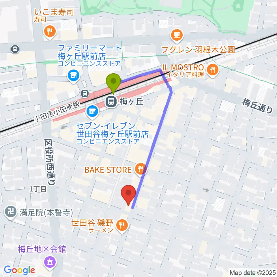 hmc studioの最寄駅梅ヶ丘駅からの徒歩ルート（約3分）地図