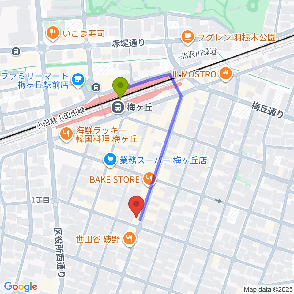 hmc studioの最寄駅梅ヶ丘駅からの徒歩ルート（約3分）地図