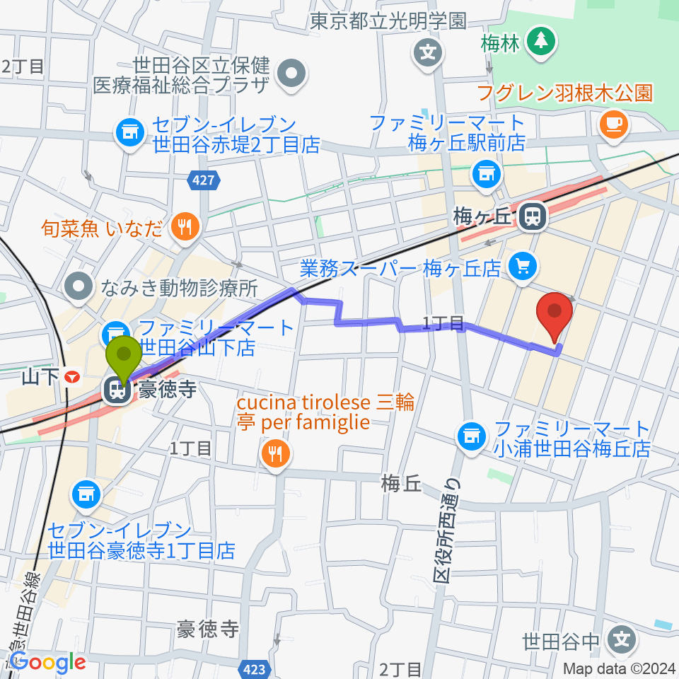 豪徳寺駅からhmc studioへのルートマップ地図