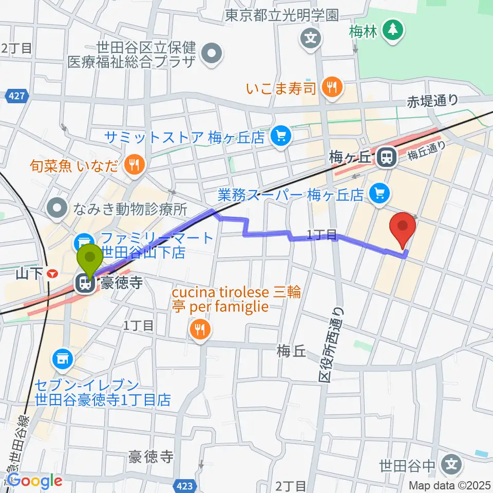 豪徳寺駅からhmc studioへのルートマップ地図