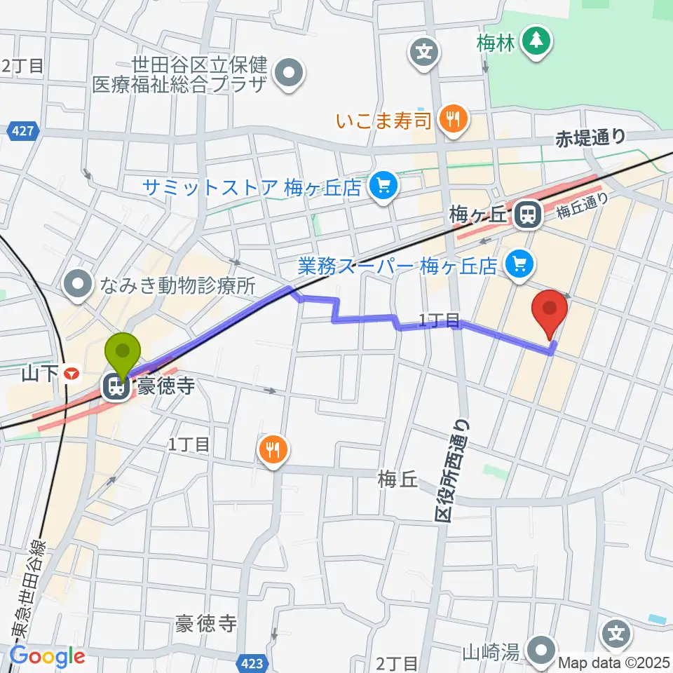 豪徳寺駅からhmc studioへのルートマップ地図