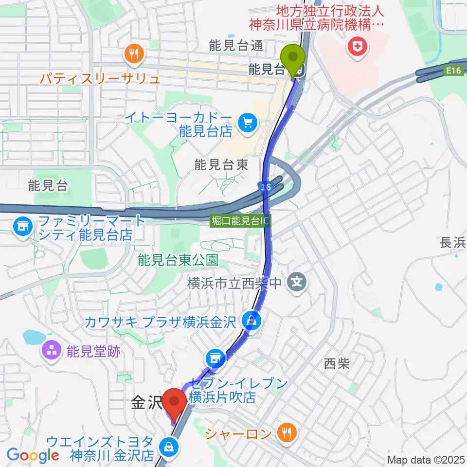 能見台駅から志田英利子ギター教室へのルートマップ地図