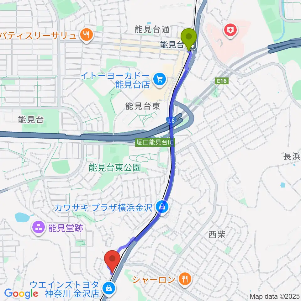 能見台駅から志田英利子ギター教室へのルートマップ地図