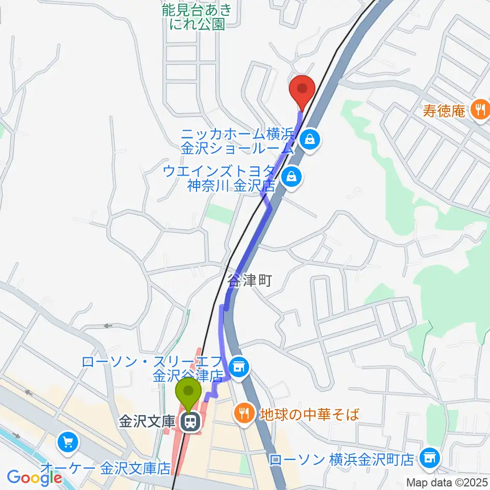 志田英利子ギター教室の最寄駅金沢文庫駅からの徒歩ルート（約10分）地図