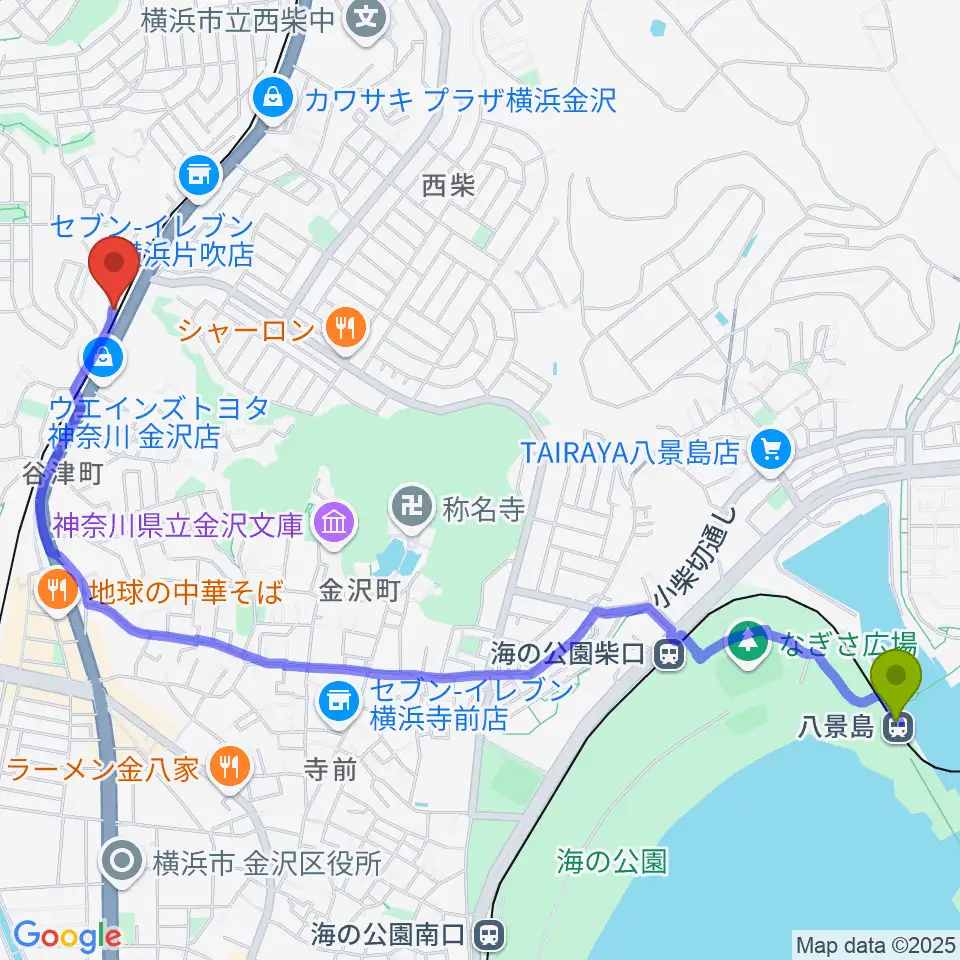 八景島駅から志田英利子ギター教室へのルートマップ地図
