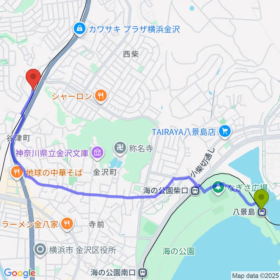 八景島駅から志田英利子ギター教室へのルートマップ地図