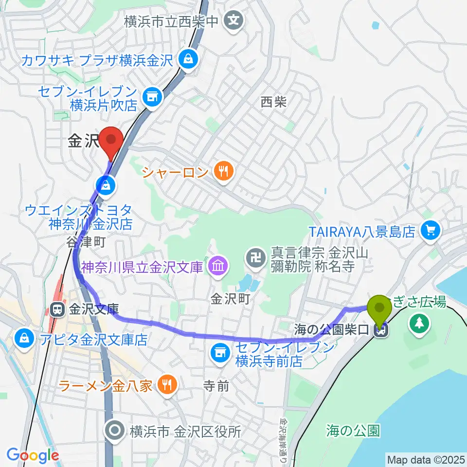海の公園柴口駅から志田英利子ギター教室へのルートマップ地図