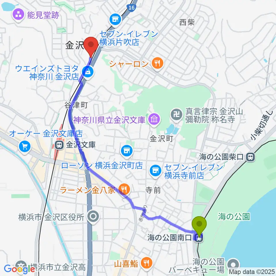 海の公園南口駅から志田英利子ギター教室へのルートマップ地図