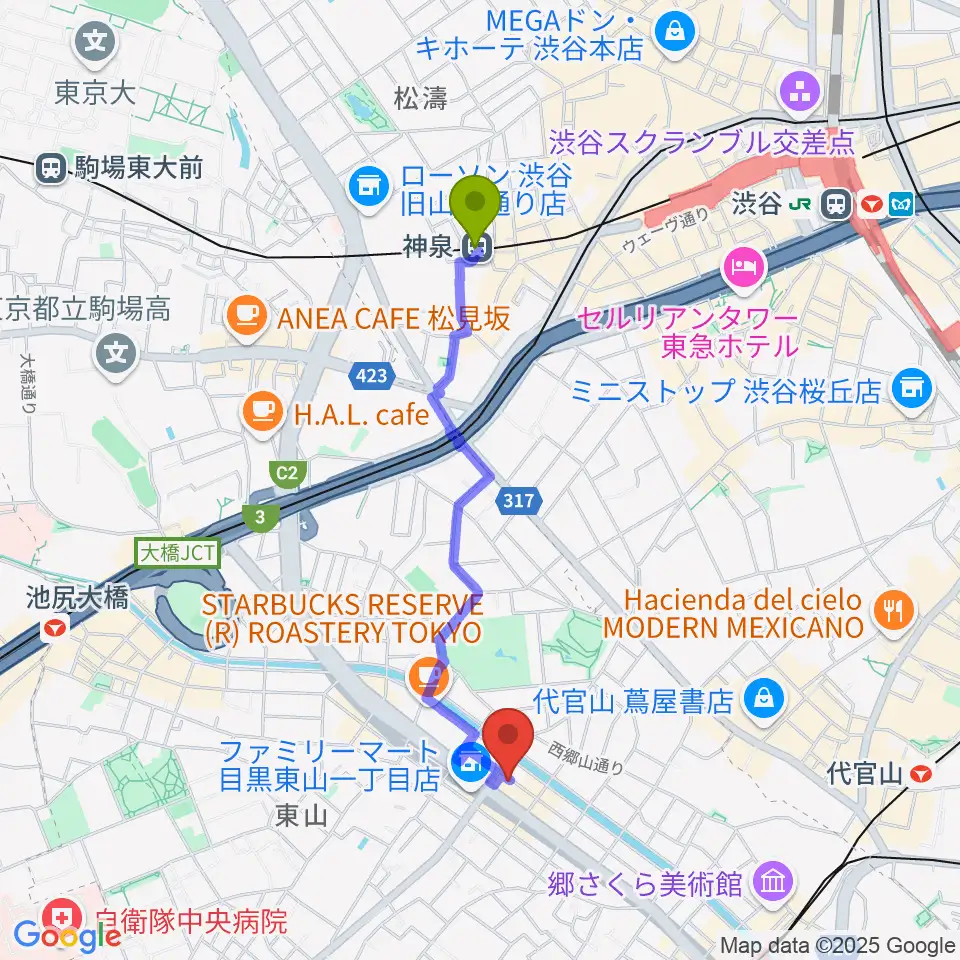 神泉駅から青葉台スタジオへのルートマップ地図