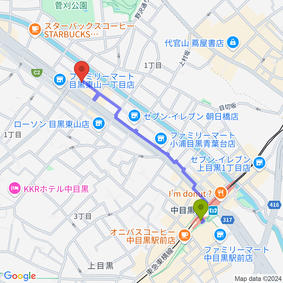 青葉台スタジオの最寄駅中目黒駅からの徒歩ルート（約10分）地図