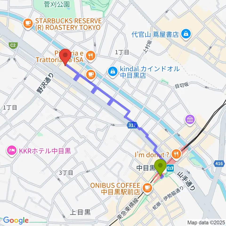 青葉台スタジオの最寄駅中目黒駅からの徒歩ルート（約10分）地図