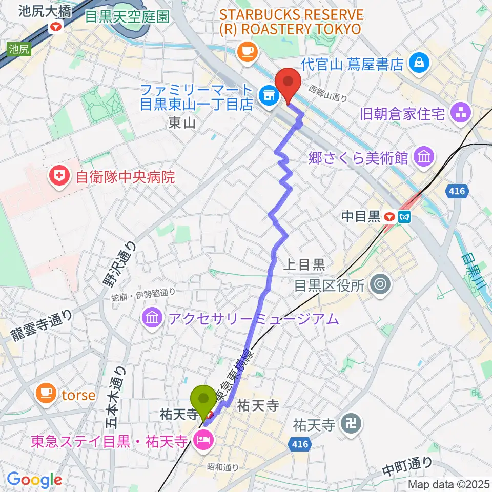 祐天寺駅から青葉台スタジオへのルートマップ地図