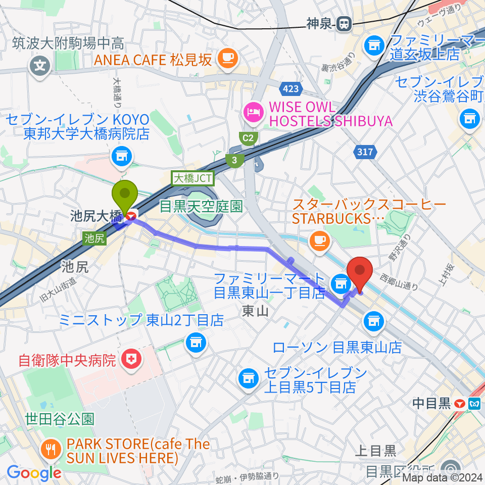 池尻大橋駅から青葉台スタジオへのルートマップ地図