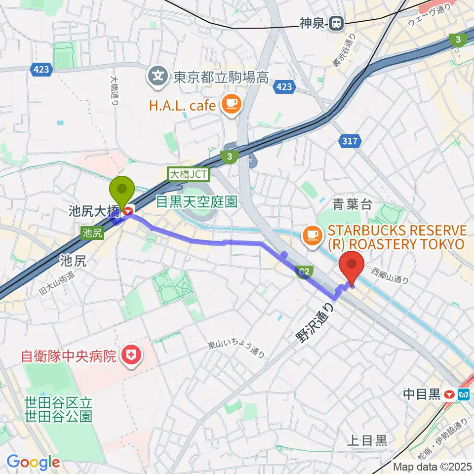 池尻大橋駅から青葉台スタジオへのルートマップ地図