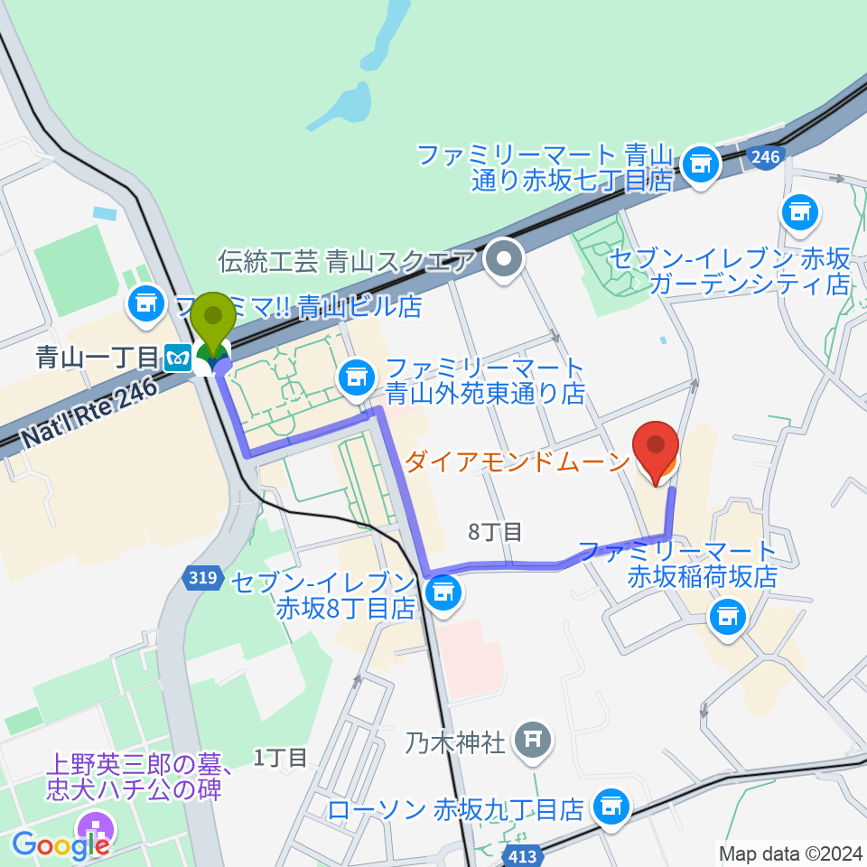 ODEN STUDIOの最寄駅青山一丁目駅からの徒歩ルート（約8分）地図