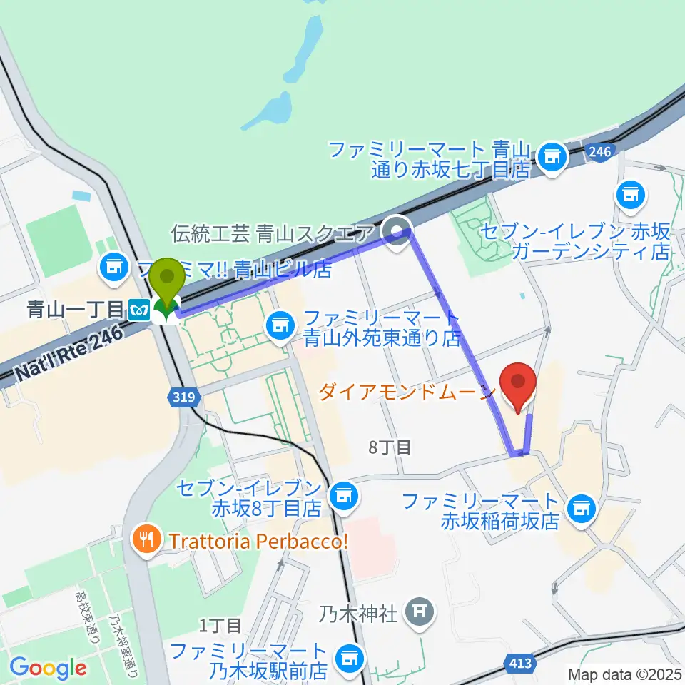 ODEN STUDIOの最寄駅青山一丁目駅からの徒歩ルート（約8分）地図