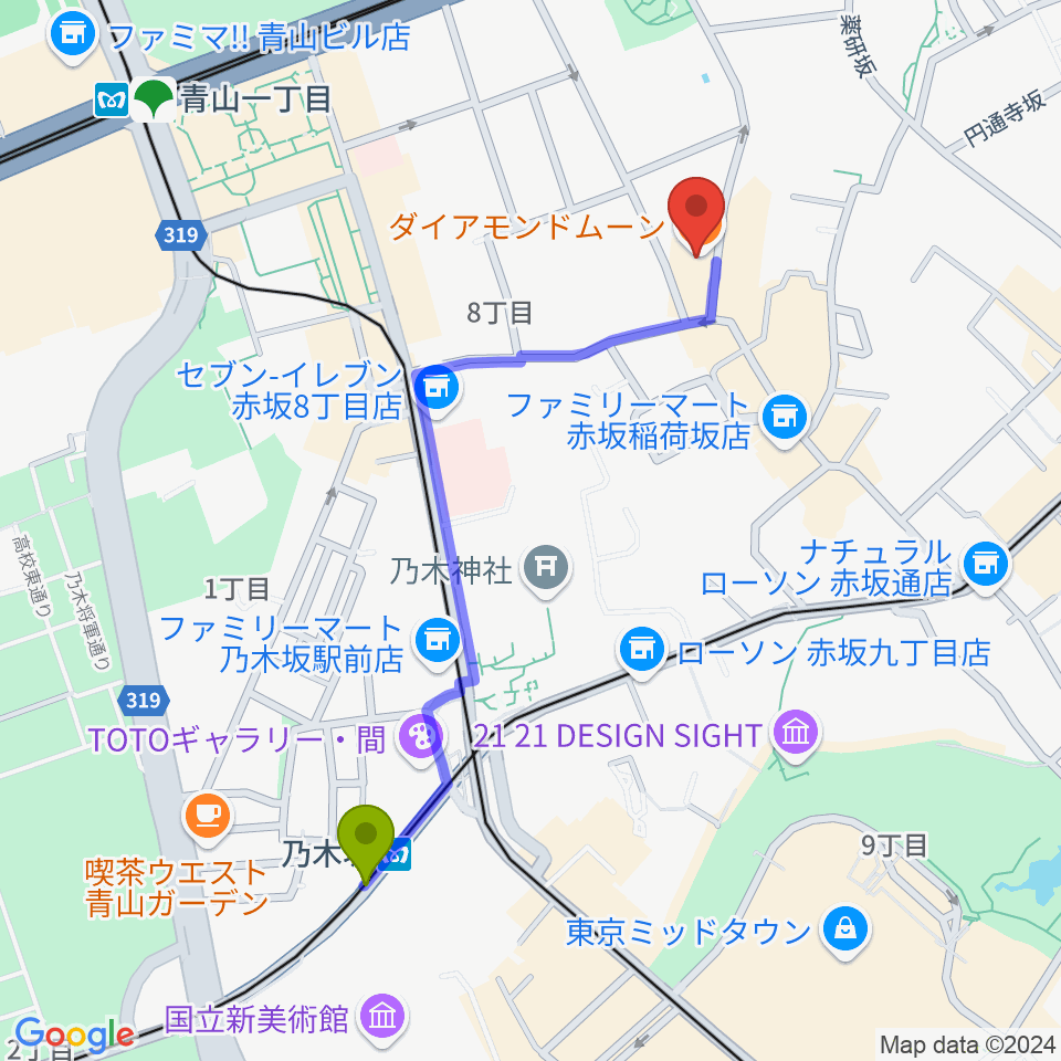 乃木坂駅からODEN STUDIOへのルートマップ地図