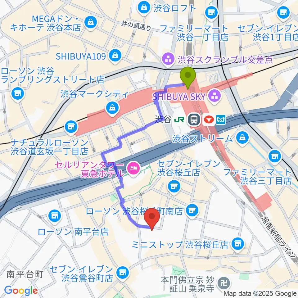 アダマンツミュージックの最寄駅渋谷駅からの徒歩ルート（約8分）地図