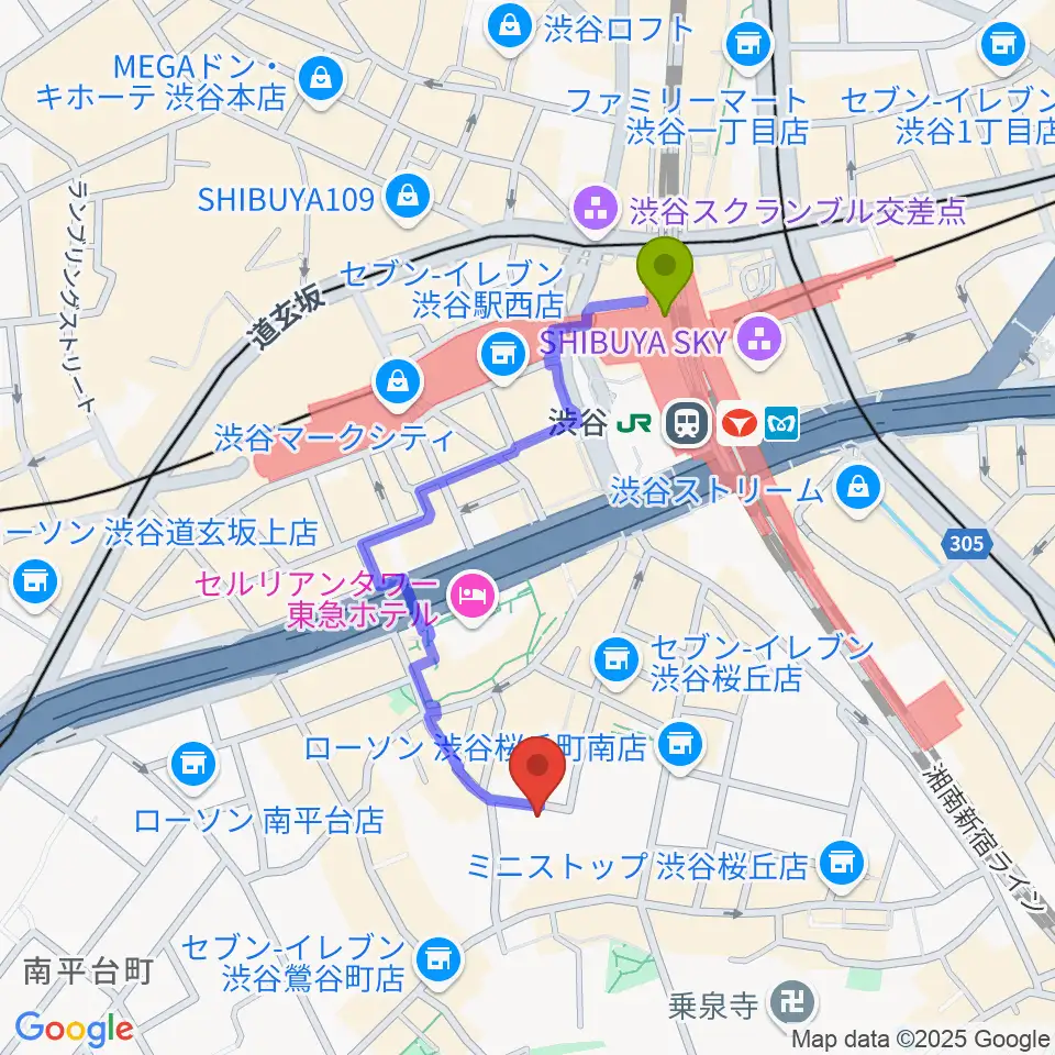 アダマンツミュージックの最寄駅渋谷駅からの徒歩ルート（約8分）地図
