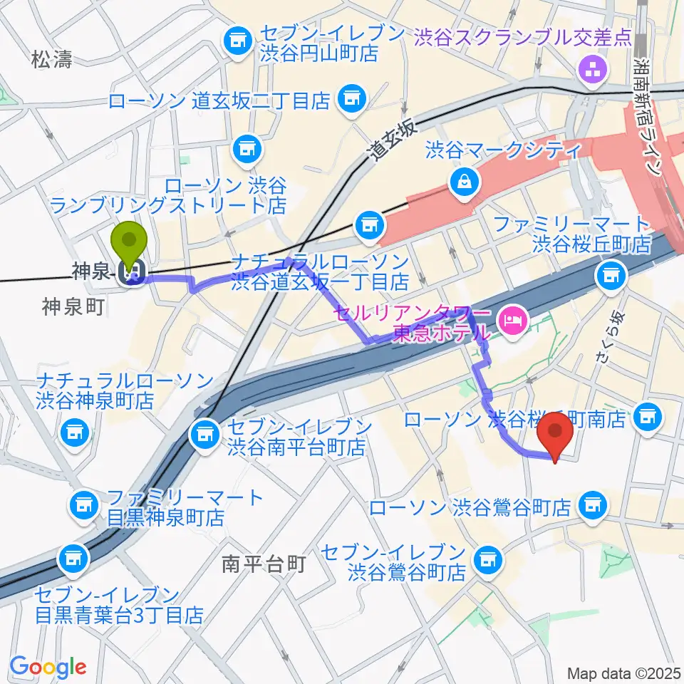 神泉駅からアダマンツミュージックへのルートマップ地図