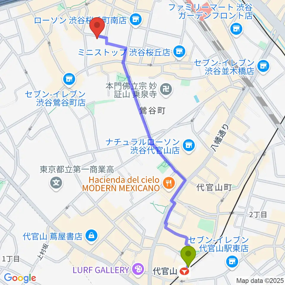 代官山駅からアダマンツミュージックへのルートマップ地図