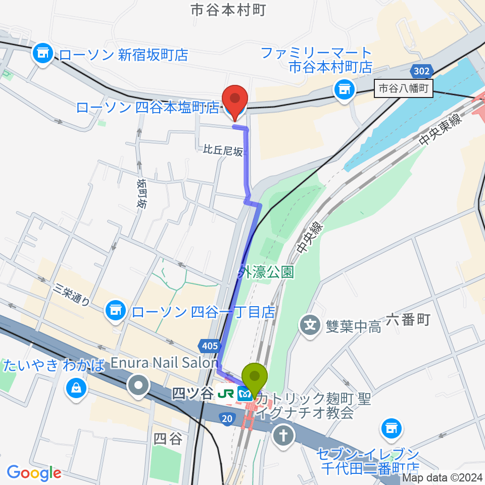 四ツ谷駅からスタジオ サウンドバレイへのルートマップ地図