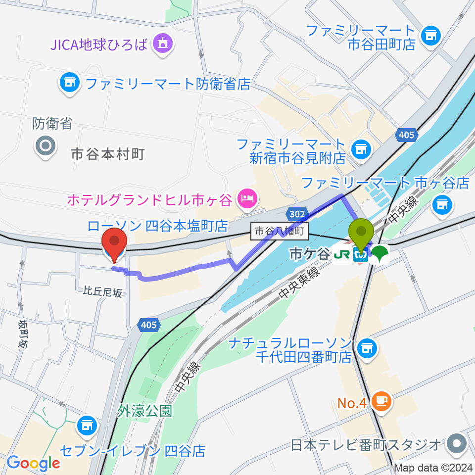 スタジオ サウンドバレイの最寄駅市ケ谷駅からの徒歩ルート（約8分）地図