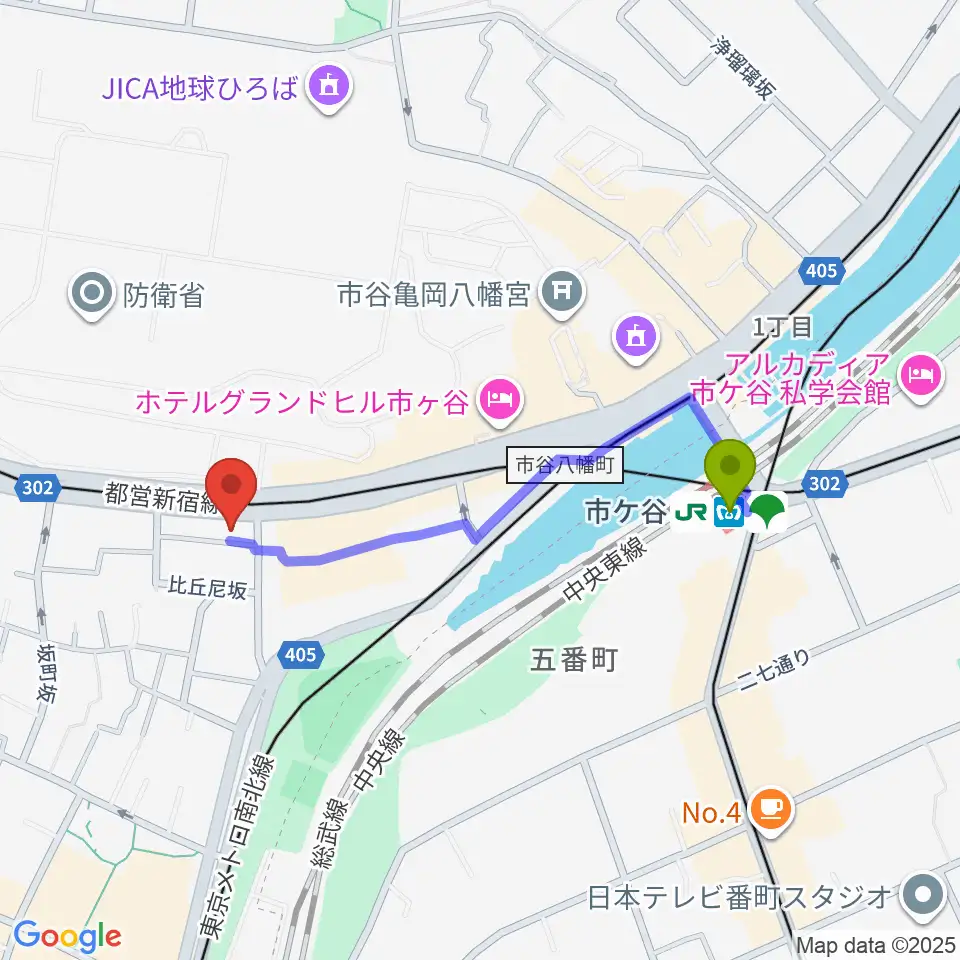スタジオ サウンドバレイの最寄駅市ケ谷駅からの徒歩ルート（約8分）地図