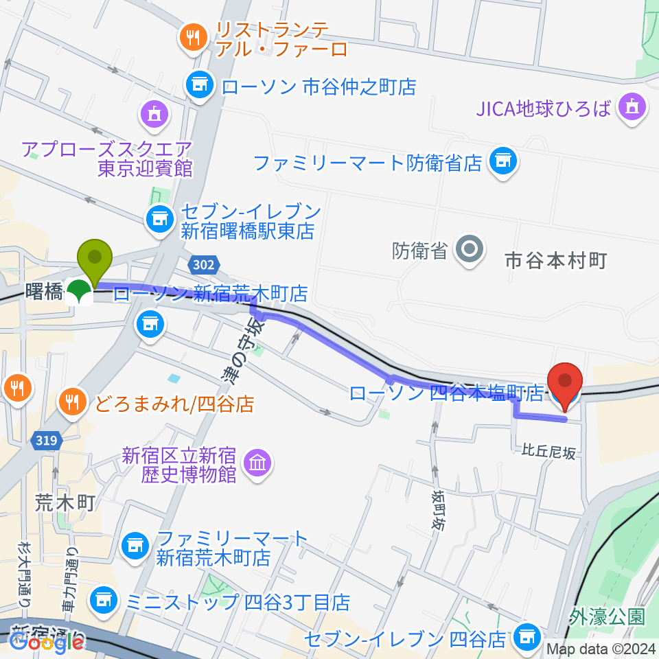 曙橋駅からスタジオ サウンドバレイへのルートマップ地図