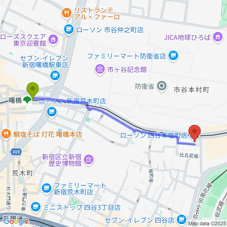 曙橋駅からスタジオ サウンドバレイへのルートマップ地図