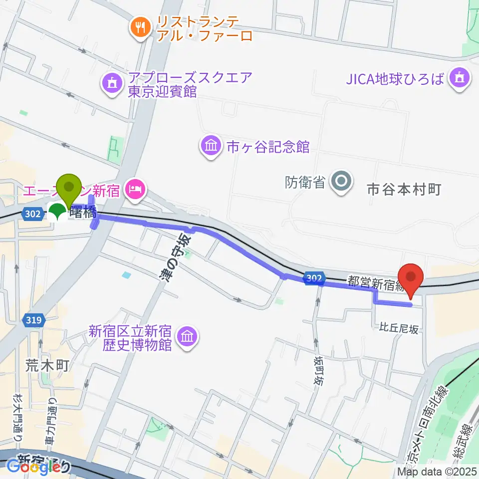 曙橋駅からスタジオ サウンドバレイへのルートマップ地図