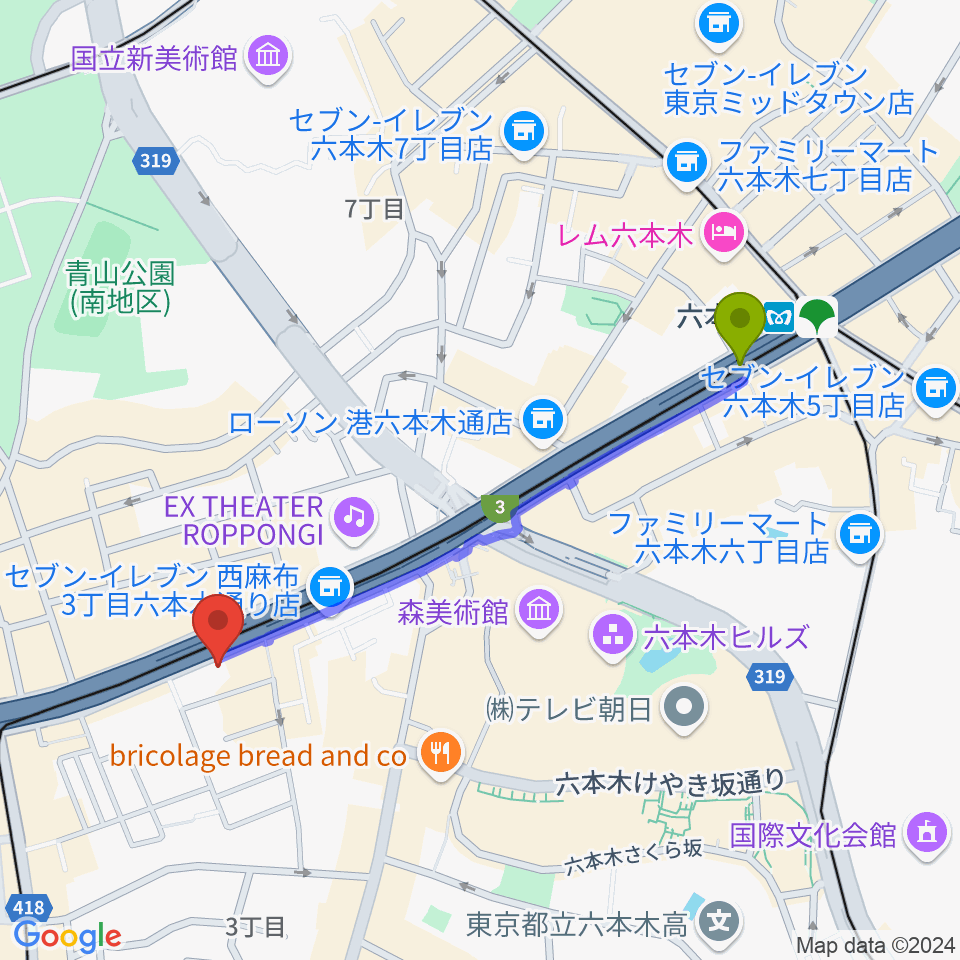 エンドレスエコーの最寄駅六本木駅からの徒歩ルート（約10分）地図