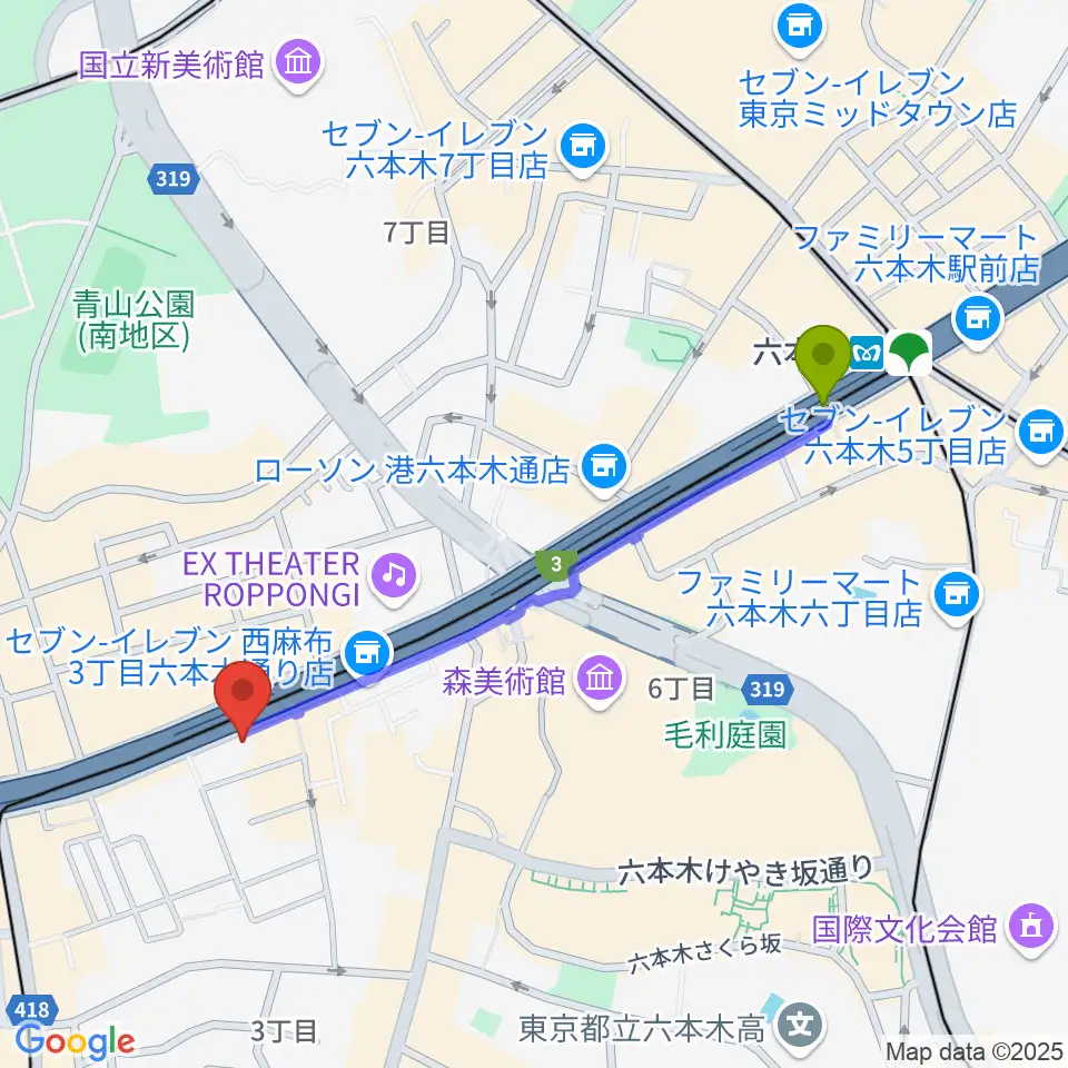 エンドレスエコーの最寄駅六本木駅からの徒歩ルート（約10分）地図