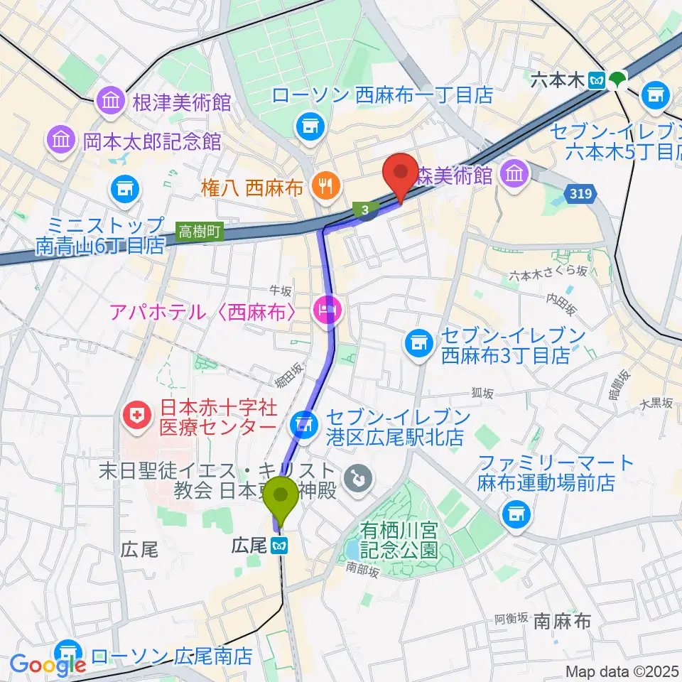 広尾駅からエンドレスエコーへのルートマップ地図