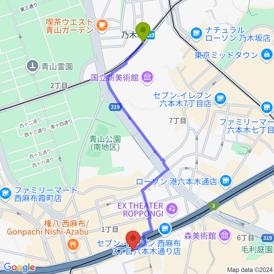 乃木坂駅からエンドレスエコーへのルートマップ地図