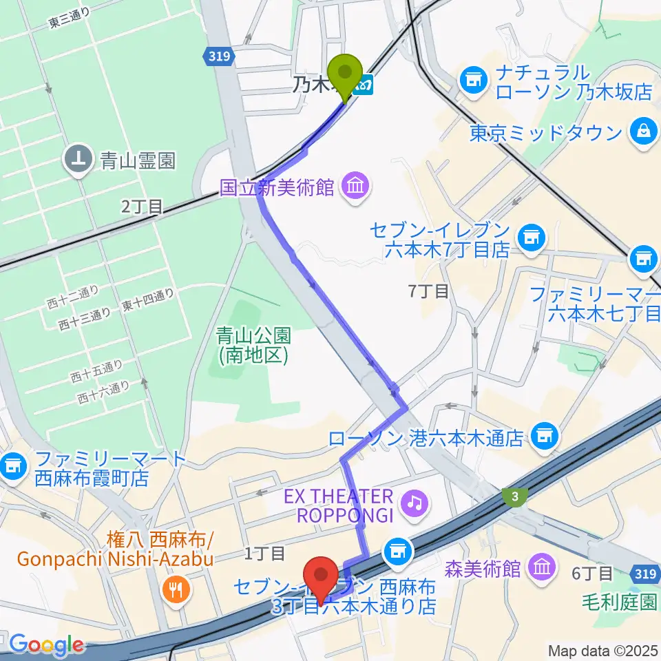 乃木坂駅からエンドレスエコーへのルートマップ地図